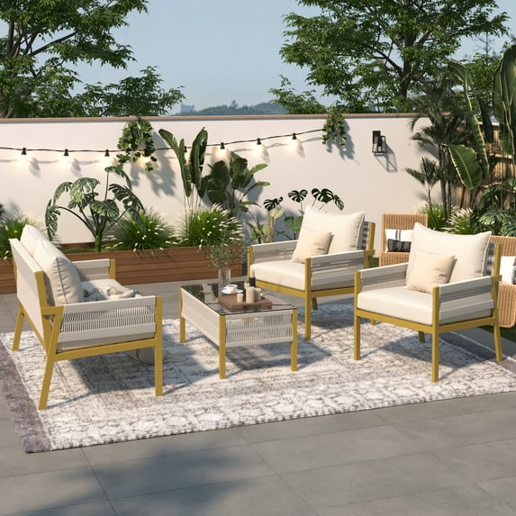 4-Piece Rope Patio Furniture Set,Outdoor Weather Resistant Steel Frame Rope Weave Sectional Sofa Set with Tempered Glass Table and Fade Resistant Cushion for Backyard Porch Balcony (Beige)
