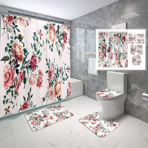 4 Piece Rose Flower Shower Curtain Set Blue Leaves Hydrangea Bathroom Sets with Non-Slip Rugs, Toilet Lid Cover and Bath Mat with Standard Size