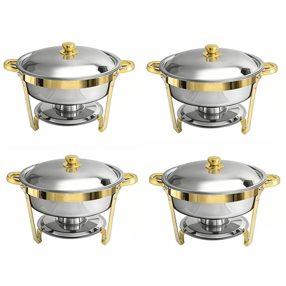 4-Piece Round Chafing Dish Set, Golden Stainless Steel Buffet Server for Home Parties and Outdoor Catering