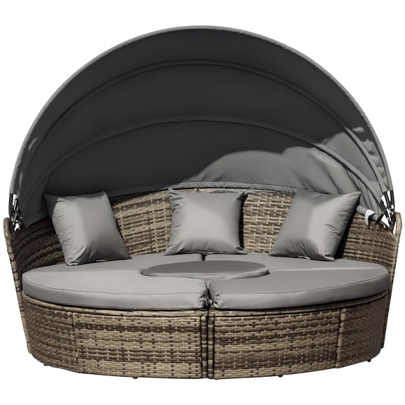 4-Piece Round Convertible Daybed with Cushions, Outdoor PE Rattan Patio Wicker Sofa Set, Sunbed with Adjustable Sun Canopy, Sectional Sofa, 2 Chairs, Table, 3 Pillows, Dark Gray
