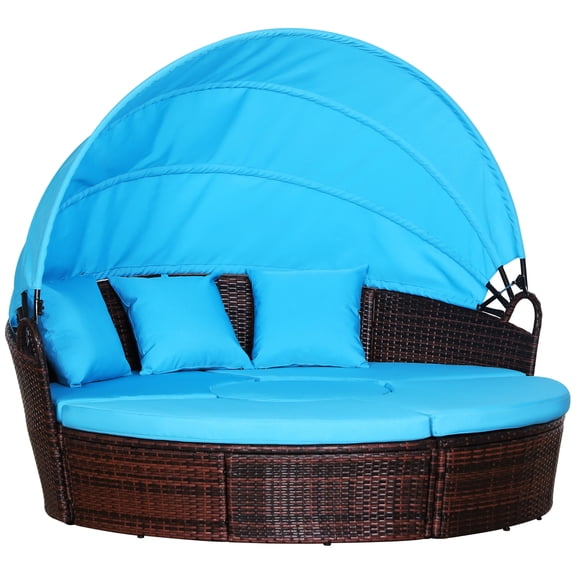 4-Piece Round Convertible Daybed with Cushions, Outdoor PE Rattan Patio Wicker Sofa Set, Sunbed with Adjustable Sun Canopy, Sectional Sofa, 2 Chairs, Table, 3 Pillows, Blue
