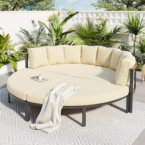 4 Piece Round Outdoor Conversation Set, Sectional Patio Wicker Daybed with Cushions and Metal Frame, Modern Patio Furniture Set, All Weather