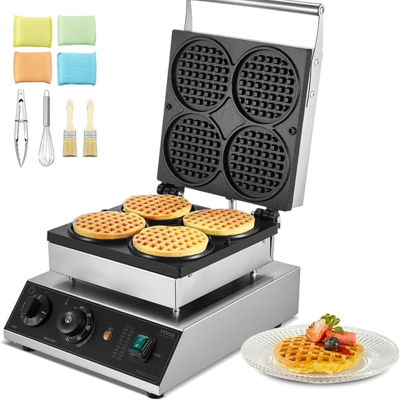 4-Piece Round Waffle Maker, 1750W Non-Stick Stainless Steel Belgian Waffle Iron with Temperature and Time Control Bestseling