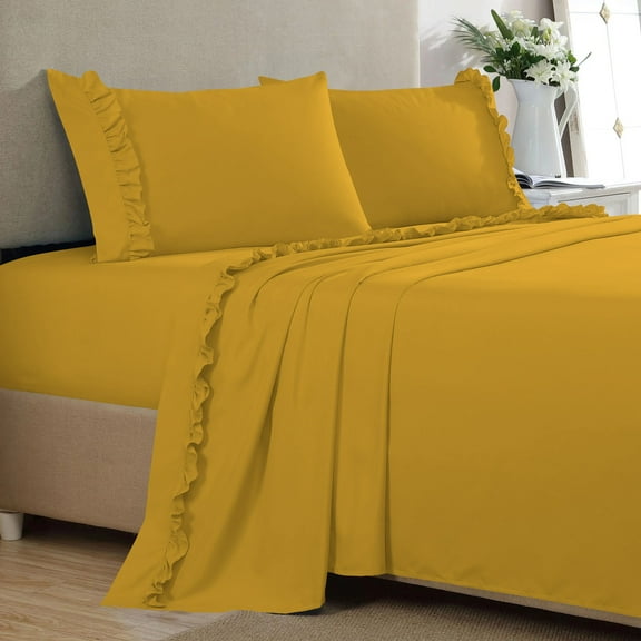 4 Piece Ruffle Sheet Set, 2" Inch Ruffle Hem On Flat Sheet, 10 Inch Deep Pocket, 100% Egyptian Cotton, 800 TC, Queen Size, Solid Gold