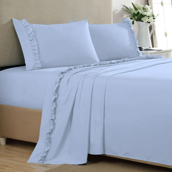 4 Piece Ruffle Sheet Set, 2" Inch Ruffle Hem On Flat Sheet, 10 Inch Deep Pocket, 100% Egyptian Cotton, 800 TC, Queen Size, Solid Light Blue