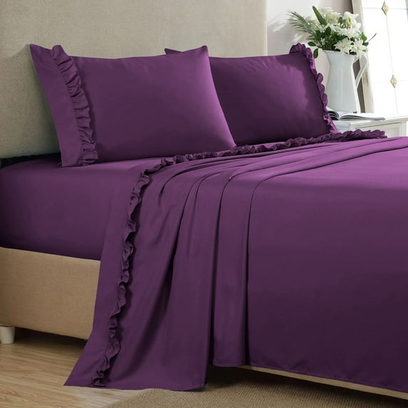 4 Piece Ruffle Sheet Set, 2" Inch Ruffle Hem On Flat Sheet, 10 Inch Deep Pocket, 100% Egyptian Cotton, 800 TC, Queen Size, Solid Plum