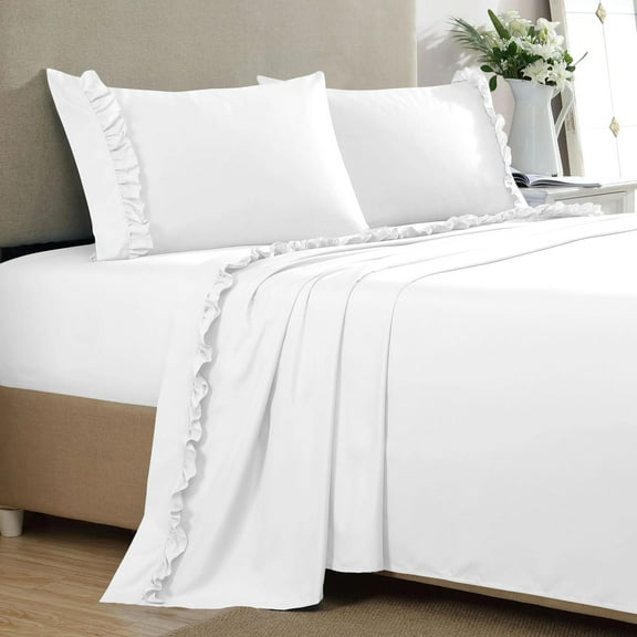 4 Piece Ruffle Sheet Set, 2" Inch Ruffle Hem On Flat Sheet, 10 Inch Deep Pocket, 100% Egyptian Cotton, 800 TC, Twin Size, Solid White