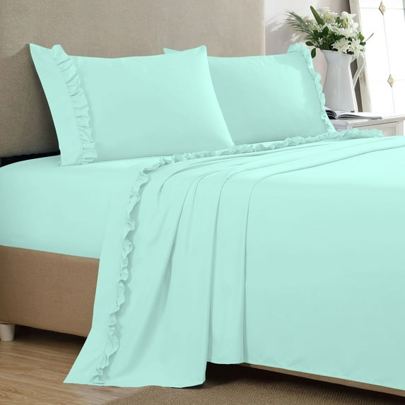 4 Piece Ruffle Sheet Set, 2" Inch Ruffle Hem On Flat Sheet, 12 Inch Deep Pocket, 100% Egyptian Cotton, 800 TC, King Size, Solid Aqua Blue