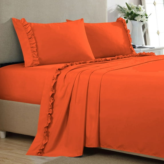 4 Piece Ruffle Sheet Set, 2" Inch Ruffle Hem On Flat Sheet, 12 Inch Deep Pocket, 100% Egyptian Cotton, 800 TC, Twin XL Size, Solid Orange