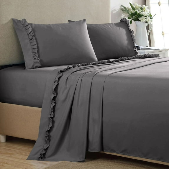 4 Piece Ruffle Sheet Set, 2" Inch Ruffle Hem On Flat Sheet, 15 Inch Deep Pocket, 100% Egyptian Cotton, 800 TC, Olympic Queen Size, Solid Dark Grey