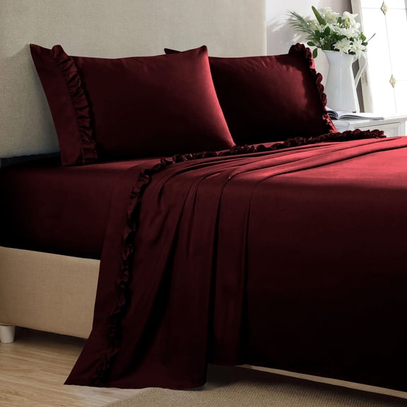 4 Piece Ruffle Sheet Set, 2" Inch Ruffle Hem On Flat Sheet, 15 Inch Deep Pocket, 100% Egyptian Cotton, 800 TC, Queen Size, Solid Wine
