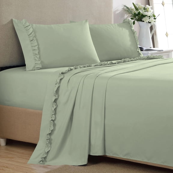 4 Piece Ruffle Sheet Set, 2" Inch Ruffle Hem On Flat Sheet, 15 Inch Deep Pocket, 100% Egyptian Cotton, 800 TC, Twin XL Size, Solid Light Sage