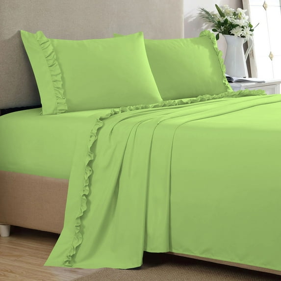 4 Piece Ruffle Sheet Set, 2" Inch Ruffle Hem On Flat Sheet, 21 Inch Deep Pocket, 100% Egyptian Cotton, 800 TC, Olympic Queen Size, Solid Sage