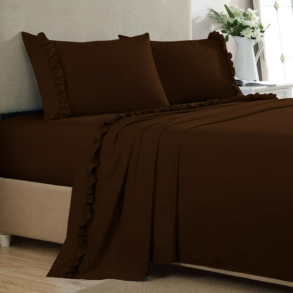 4 Piece Ruffle Sheet Set, 2" Inch Ruffle Hem On Flat Sheet, 24 Inch Deep Pocket, 100% Egyptian Cotton, 800 TC, Full Size, Solid Chocolate