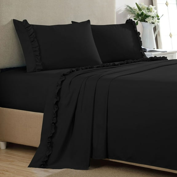 4 Piece Ruffle Sheet Set, 2" Inch Ruffle Hem On Flat Sheet, 24 Inch Deep Pocket, 100% Egyptian Cotton, 800 TC, King Size, Solid Black