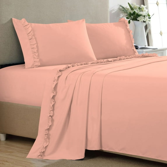 4 Piece Ruffle Sheet Set, 2" Inch Ruffle Hem On Flat Sheet, 24 Inch Deep Pocket, 100% Egyptian Cotton, 800 TC, King Size, Solid Peach
