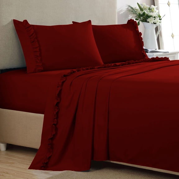 4 Piece Ruffle Sheet Set, 2" Inch Ruffle Hem On Flat Sheet, 24 Inch Deep Pocket, 100% Egyptian Cotton, 800 TC, Twin Size, Solid Burgundy