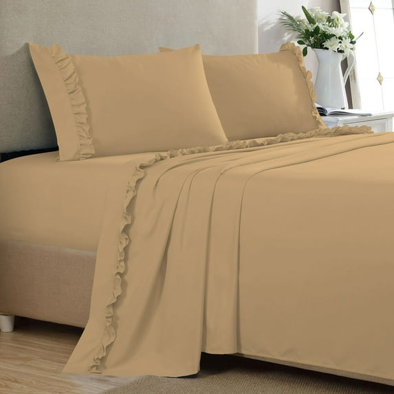 4 Piece Ruffle Sheet Set, 2" Inch Ruffle Hem On Flat Sheet, 8 Inch Deep Pocket, 100% Egyptian Cotton, 800 TC, Olympic Queen Size, Solid Taupe
