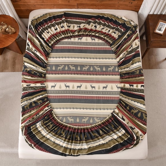 4-Piece Rustic Lodge Forest Wildlife Moose Deer Microfiber Printed Bed Sheet Set, Queen Size