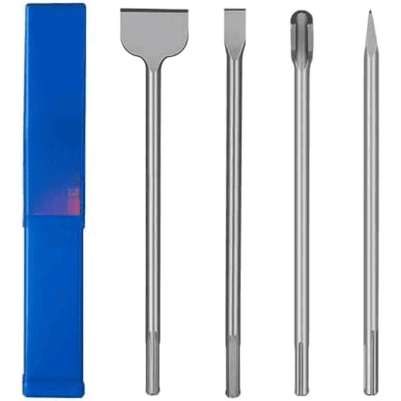 4-Piece SDS Max Chisel Set, 18-Inch Rotary Hammer Chisels for Concrete, Tile & Masonry Heat-Treated Alloy Steel, Includes Point, Flat, 3-Inch Wide & U-Groove Chisels with Storage Tube
