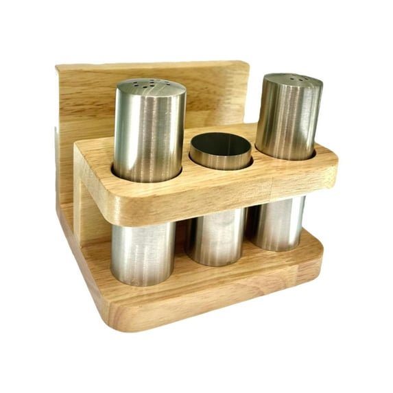 4 Piece Salt Pepper Shaker Set Napkin Holder Stainless Steel Wood Multi Functional Organizer for Dining Table Home