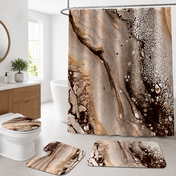 4-Piece Sand Marble Bathroom Linen Set with Shower Curtain, Rugs, Lid Cover and Hooks