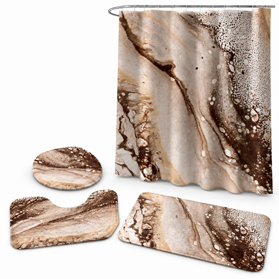 4-Piece Sand Marble Bathroom Linen Set with Shower Curtain, Rugs, Lid Cover and Hooks