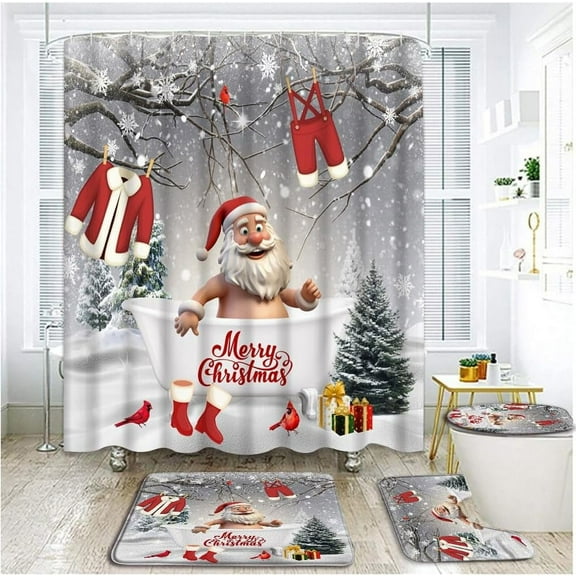 4 Piece Santa Xmas Shower Curtain Sets with Rugs, Toilet Lid Cover , Winter Funny Santa Claus in The Bathtub Snowflake Red Birds Humor Scene Farmhouse Christmas Bathroom Shower Curtain with 12 Hooks