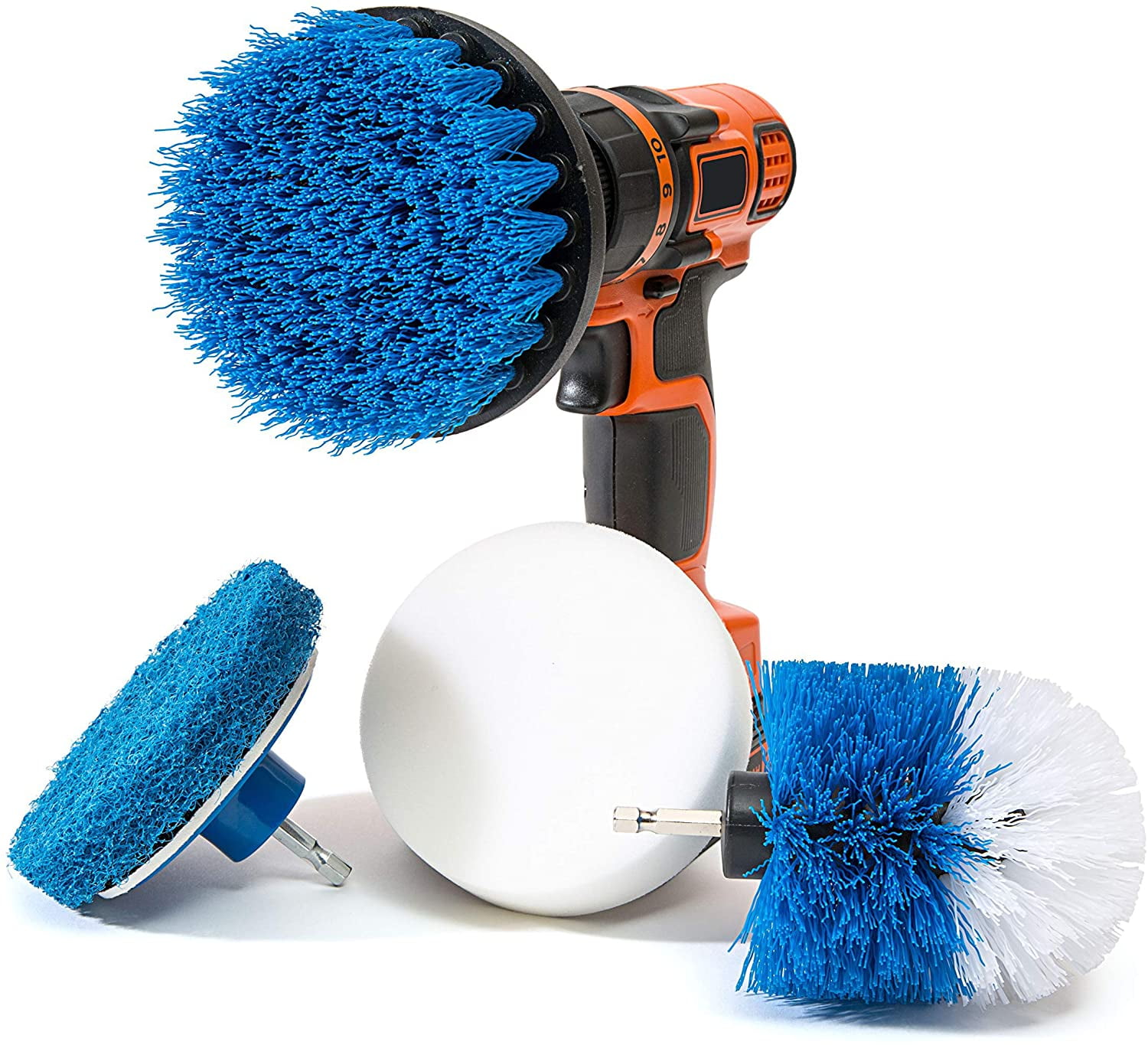 4 Piece Scrub Brush Power Drill Attachments-All Purpose Time Saving Kit-Perfect for Cleaning Grout, Tile, Counter, Shower, Grill, Floor, Kitchen, Blue & White