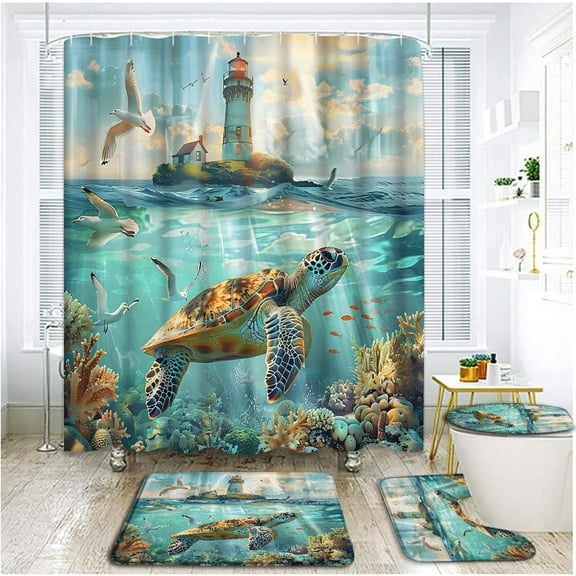 4 Piece Sea Turtle Shower Curtain Set with Rugs, Toilet Lid Cover ,Nautical Lighthouse Under The Sea Animals Seaweed Fish Beach Coastal Tropical Birds Seascape Bathroom Shower Curtain with Hooks