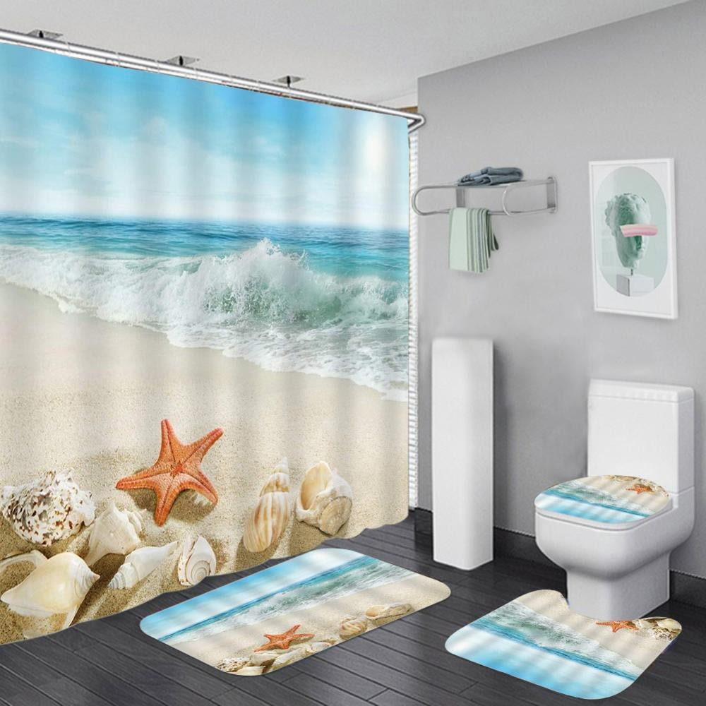 4pcs Beautiful Blue Beach Shell Party Decoration Shower Curtain Set,  Waterproof Shower Curtain With 12 Hooks, Non-Slip Bathroom Rug, Toilet  U-Shape Ma
