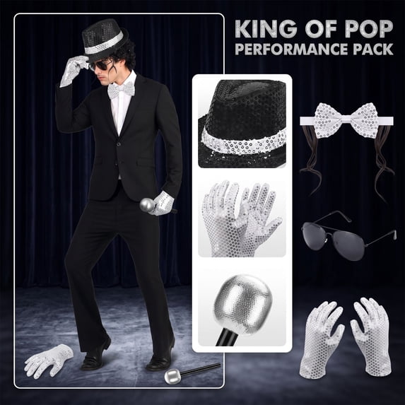 4-Piece Sequin Costume Prop Kit with Headset Novelty Glasses and Gloves for Musical Performance Halloween Party and Creative Role Play Events One Size
