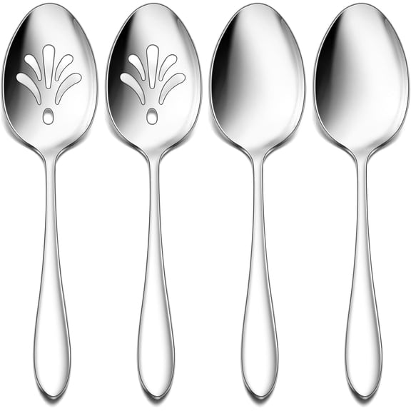 4-Piece Serving Set - Includes 2 Spoons and 2 Slotted Spoons, Stainless Steel Buffet Utensils for Catering Party Kitchen Restaurant - Mirror Polished, Dishwasher Safe, 8.5-Inch