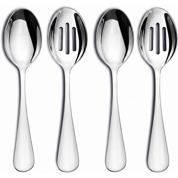 4-Piece Serving Spoons Set, Include 2 Serving Spoons and 2 Slotted Spoons, Large Cutlery for Buffet, Catering and Party, 8.5 Inches,Mirror Polished, Dishwasher Safe