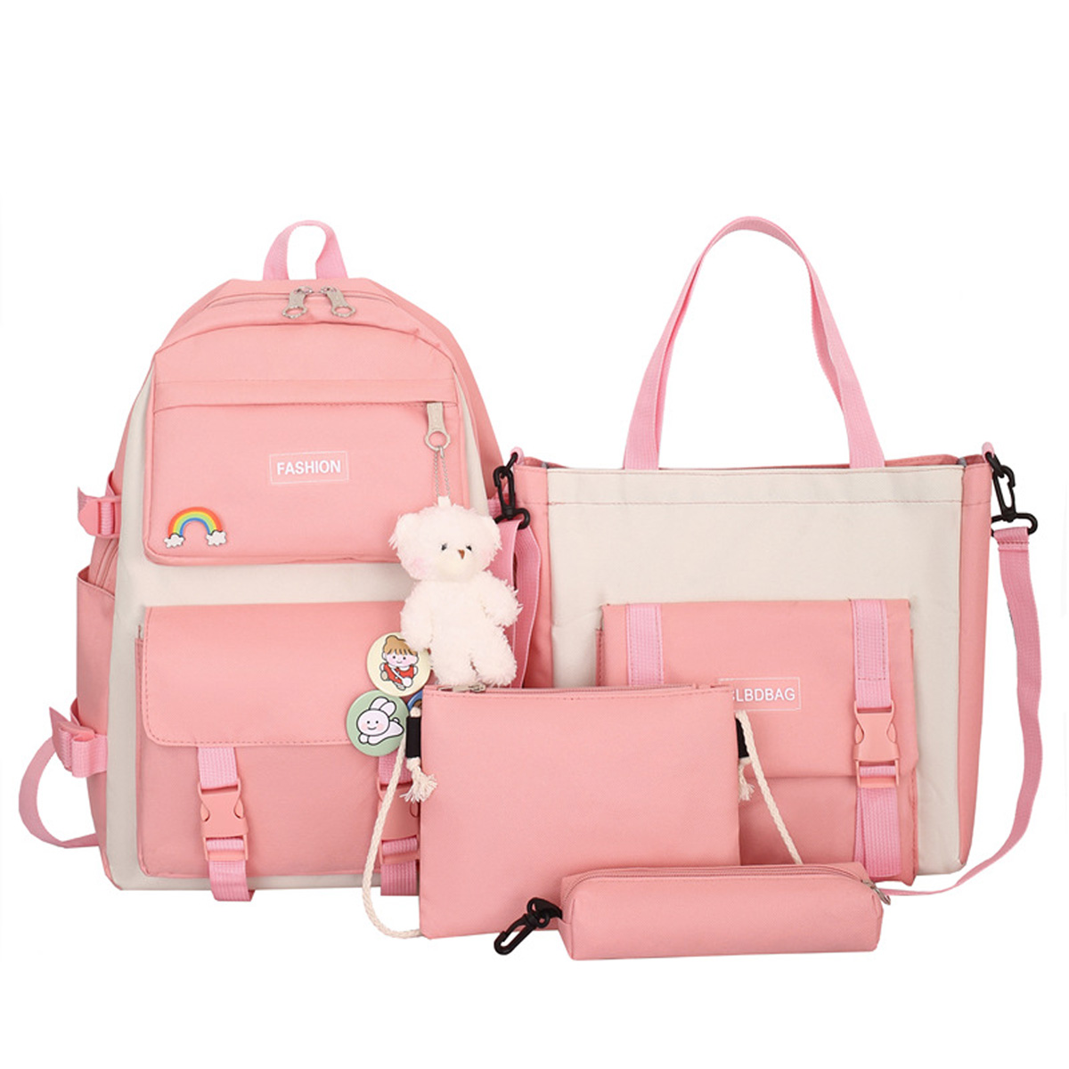 4 Piece Set Backpack Women Canvas School Bag Kawaii Pencil Bag For