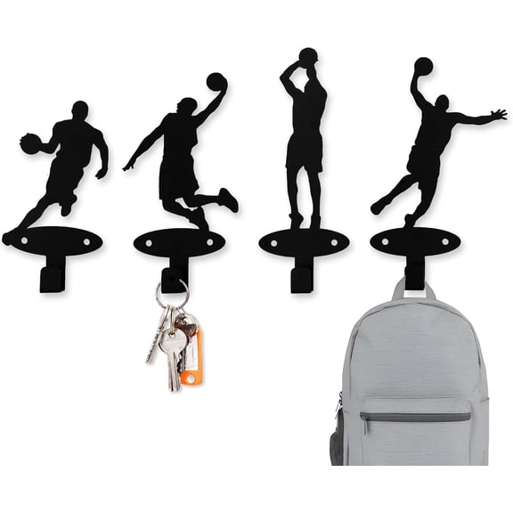 4 Piece Set Basketball Players Slam Dunk Silhouette Shape Coat Hooks Wall Mounted Metal Wall Hanger Hooks for Teen Boys Bedroom Basketball Room Decor Medal Hanger Display