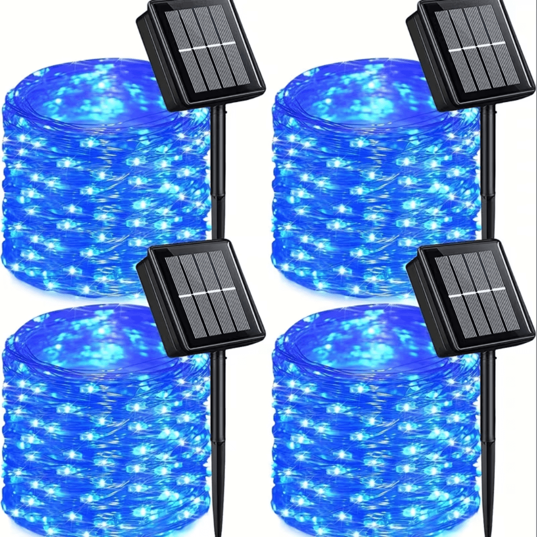 4-Piece Set Blue Solar Fairy Light String, 330 Led Outdoor Solar Christmas Lights, 8 Modes Of Wired Solar Flashing Light String, For Christmas Trees, Wedding Parties, Gardens And Courtyards