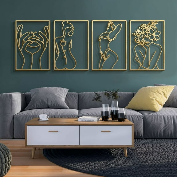 4-Piece Set Gold Wall Art Decor, Minimalist Single-Line Abstract Female Body Curve Metal Wall Art