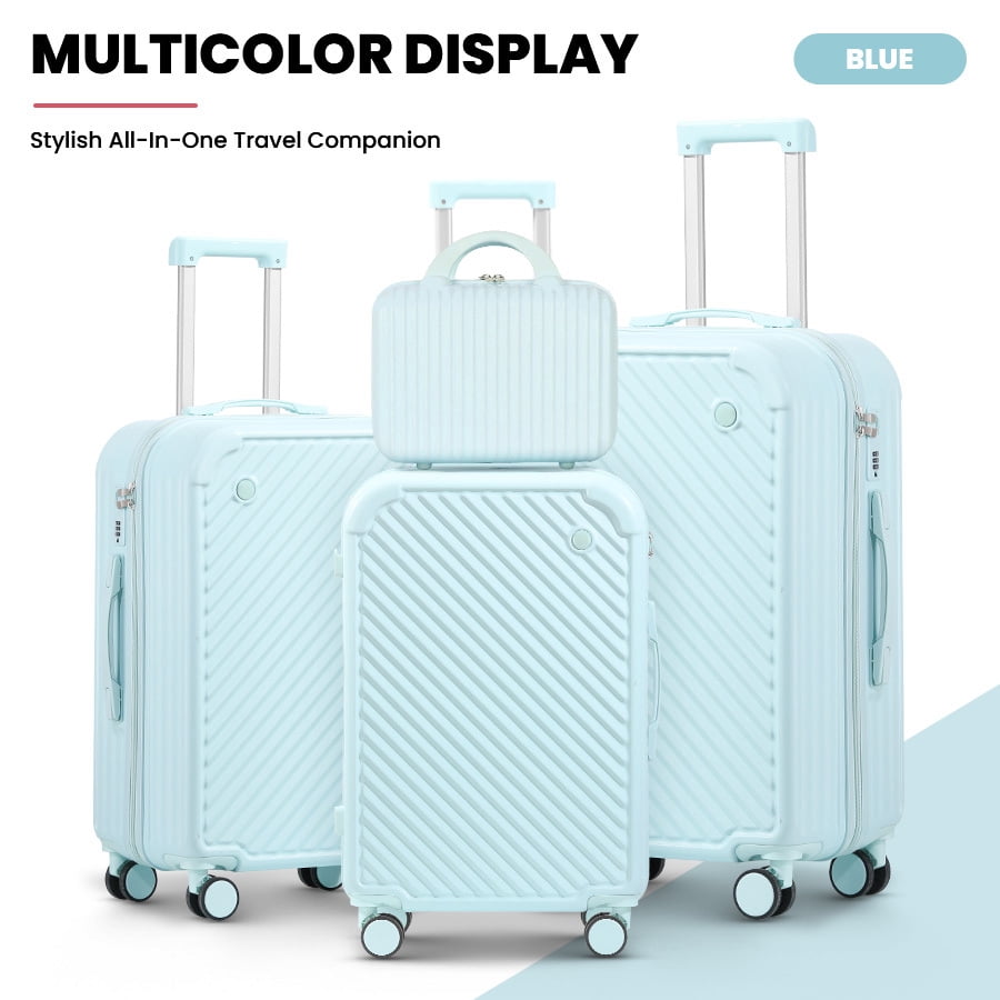 4-Piece Set ABS PC Hard Shell Luggage Travel Set with 360 Spinner Wheels,USB Charger,TSA Lock & Cup Holder,Blue