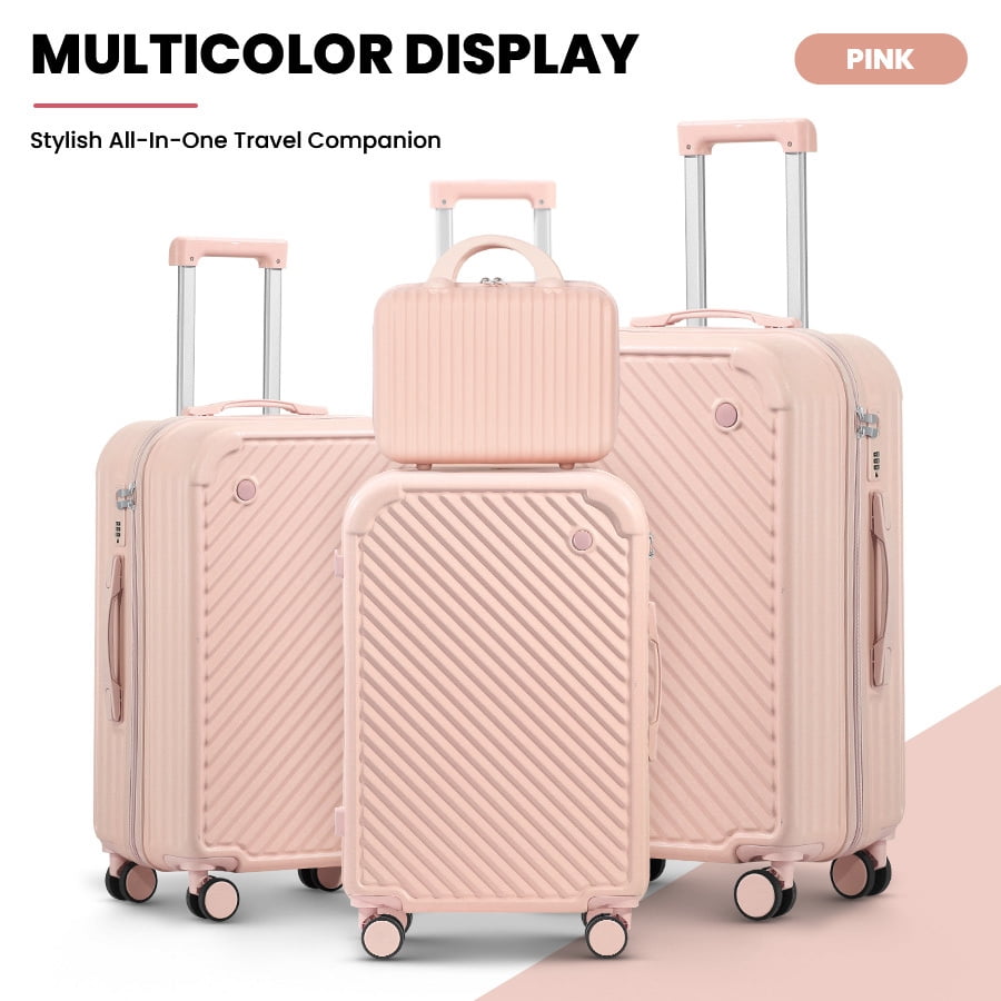 4-Piece Set ABS PC Hard Shell Luggage Travel Set with 360 Spinner Wheels,USB Charger,TSA Lock & Cup Holder,Pink
