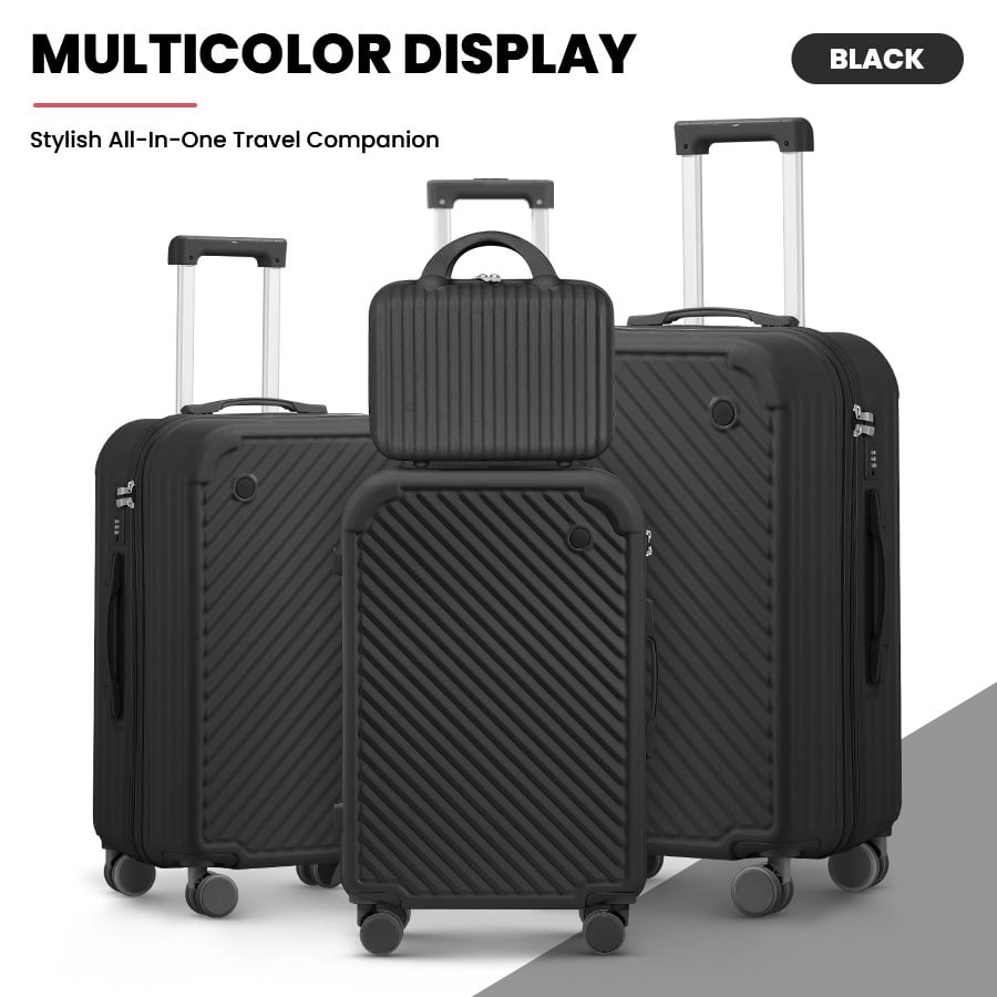 4-Piece Set ABS PC Hard Shell Luggage Travel Set with 360 Spinner Wheels,USB Charger,TSA Lock & Cup Holder,Black
