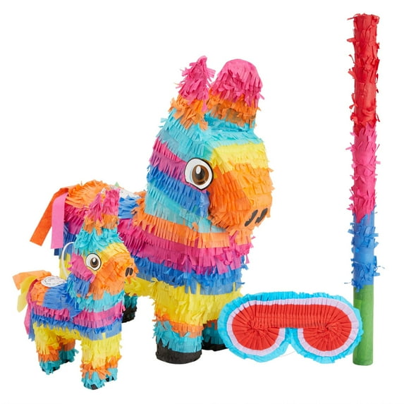 4-Piece Set Small and Mini Donkey Pinata with Stick and Blindfold for Birthday Party, Mexican Fiesta, Cinco de Mayo