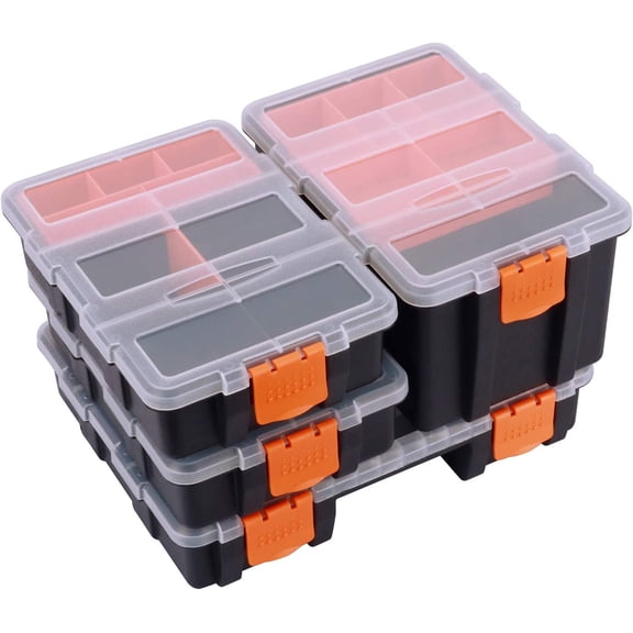 4 Piece Set Toolbox Hardware & Parts Organizers, Versatile and Durable Storage, Customizable Removable Plastic Dividers, storage carry, Black/Orange