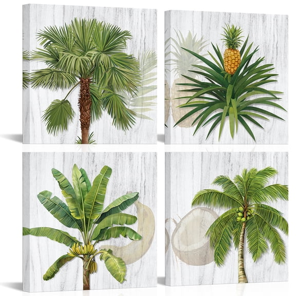 4 Piece Set Tropical Wal Art Coconut Pineapple Bananas Pictures Print Art for Kitchen Beach House Decor Palm Trees Painting Vintage Rustic Artwork