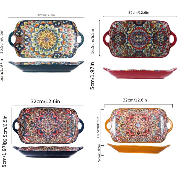 4-Piece Set of Large Rectangular Bohemian Ceramic Fish Plates