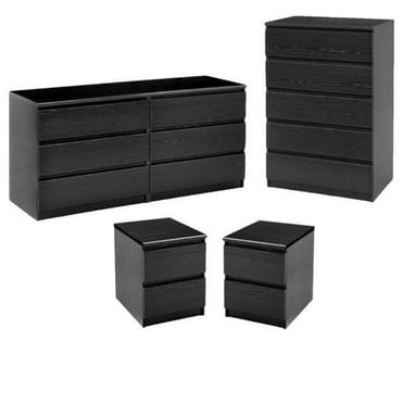 4 Piece Set with 6 Drawer Dresser 5 Drawer Chest and Two Nightstands in Black Woodgrain