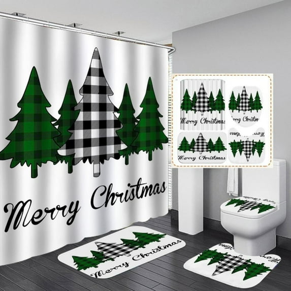 4 Piece Shower Curtain Set with Non-Slip Rug, Toilet Lid Cover and Bath Mat, Christmas at The Farm Red and Black Buffalo Plaid Truck Milk Cow Durable Shower Curtain Set for Bathroom