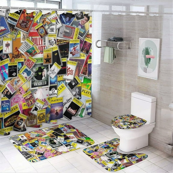 4 Piece Shower Curtain Set with Rugs Broadway Musicals Collage Shower Curtain Bathroom Sets Decor Waterproof
