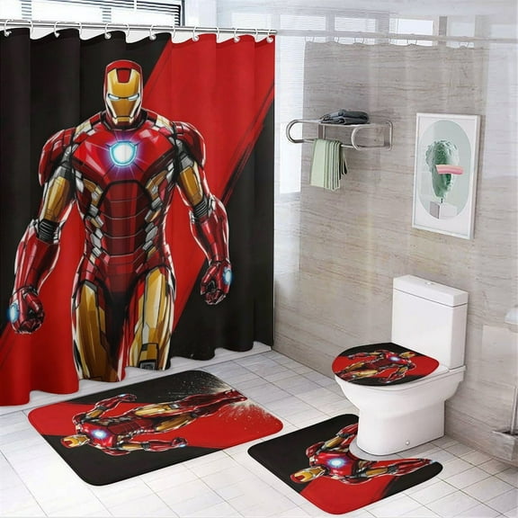 4 Piece Shower Curtain Set with Rugs Iron Man Shower Curtain Bathroom Sets Decor Waterproof