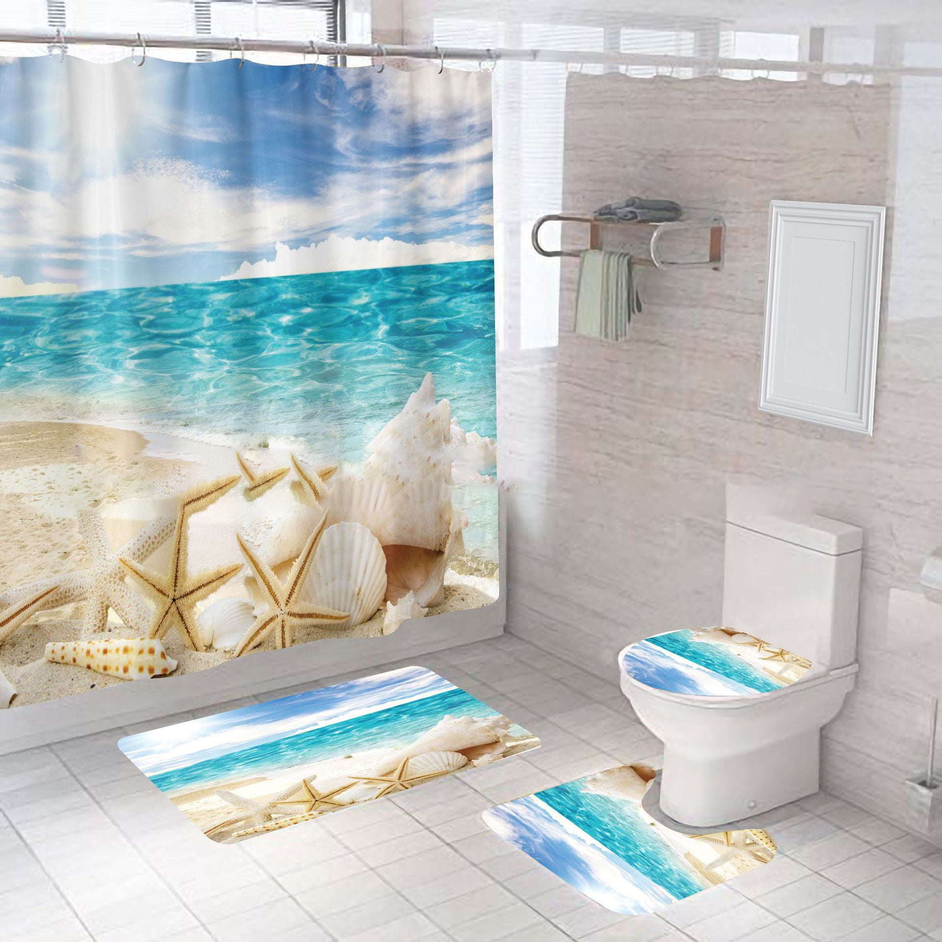 4 Piece Shower Curtain Sets, with 12 Hooks, Maritime Holidays Beach